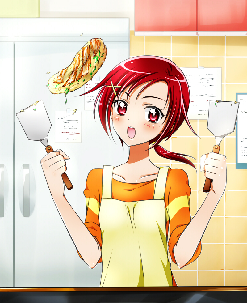 apron blush cooking food griddle hair_ornament hino_akane kagami_chihiro okonomiyaki open_mouth paper ponytail precure red_eyes red_hair redhead sleeves_rolled_up smile_precure! solo spatula