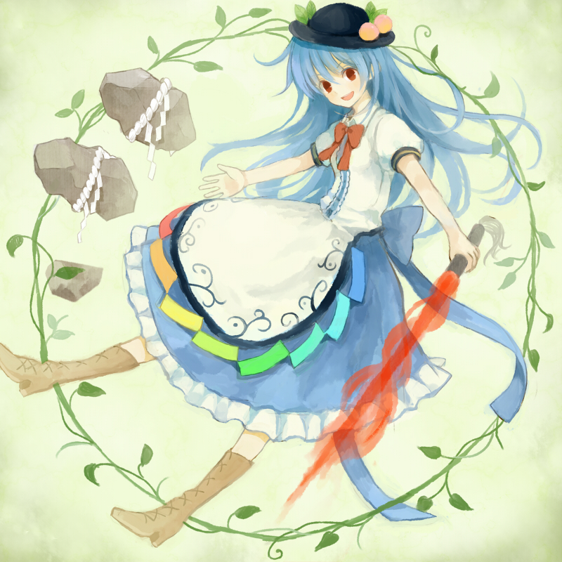 :d blue_hair boots hat hinanawi_tenshi holding long_hair long_skirt mikanniro open_mouth red_eyes skirt smile solo sword sword_of_hisou touhou weapon