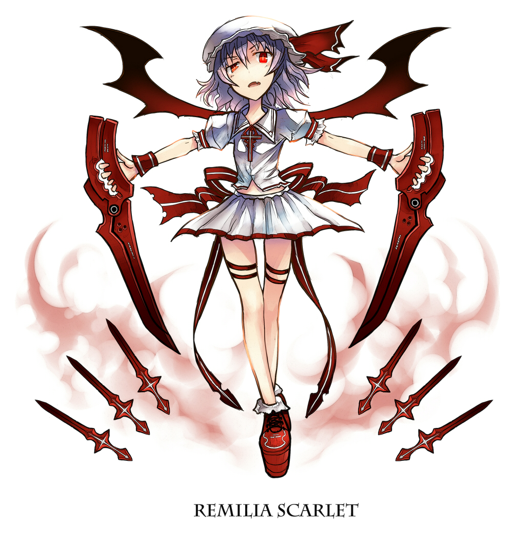 bat_wings character_name cross dual_wielding english fang gia hat looking_at_viewer purple_hair red_eyes remilia_scarlet short_hair skirt solo sword touhou weapon wings wrist_cuffs