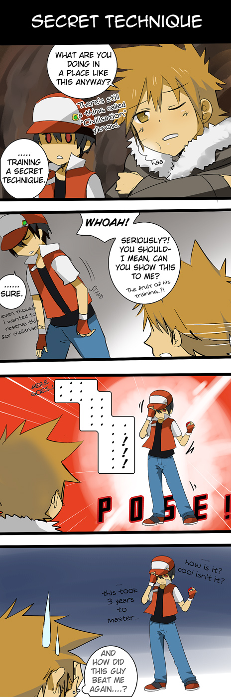 4koma artist_request baseball_cap black_hair brown_eyes brown_hair closed_eyes coat comic english eyes_closed facepalm gloves hat highres holding holding_poke_ball multiple_boys ookido_green ookido_green_(hgss) poke_ball pokemon pokemon_(game) pokemon_hgss pokemon_rgby red_(pokemon) red_(pokemon)_(classic) red_eyes swaet sweat translated