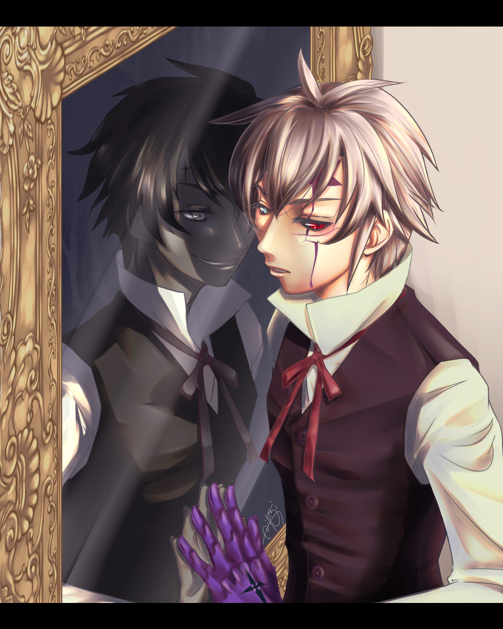 14th allen_walker bad_id d.gray-man different_reflection dual_persona facial_markings grey_eyes grey_hair heterochromia highres male nea_walker neah red_eyes reflection scar smile solo star tyacky vest