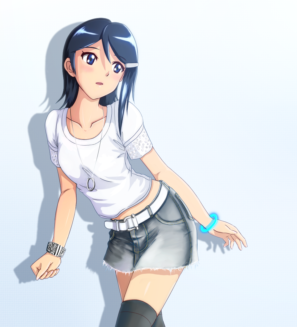 artist_request bangle belt blue_eyes blue_hair bracelet cutoffs denim_skirt hair_ornament hairclip hina_(nicoseiga) idolmaster idolmaster_dearly_stars jewelry long_hair mizutani_eri necklace shadow skirt solo t-shirt thigh-highs thighhighs