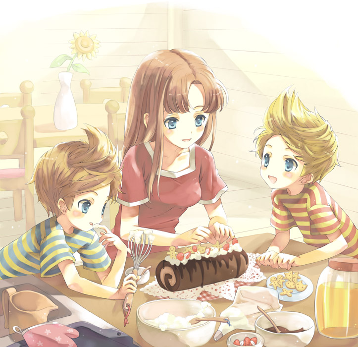 2boys age_difference blonde_hair blue_eyes blush brothers brown_hair cake claus cookie flower food gingerbread_man hinawa honey lucas mother_(game) mother_3 mother_and_son multiple_boys roll_cake shirt siblings striped striped_shirt swiss_roll tonamiko twins vase whisk