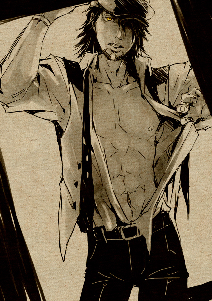 abs cabbie_hat facial_hair hat kaburagi_t_kotetsu male mochinu muscle open_clothes open_mouth open_shirt solo stubble tiger_&amp;_bunny