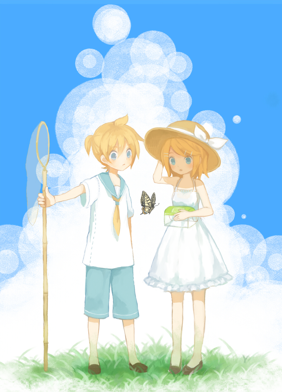 1girl blonde_hair blue_eyes brother_and_sister butterfly butterfly_net dress grass hand_net hand_on_hat hat hat_ribbon highres holding kagamine_len kagamine_rin mikanniro ribbon shorts siblings standing sundress twins vocaloid