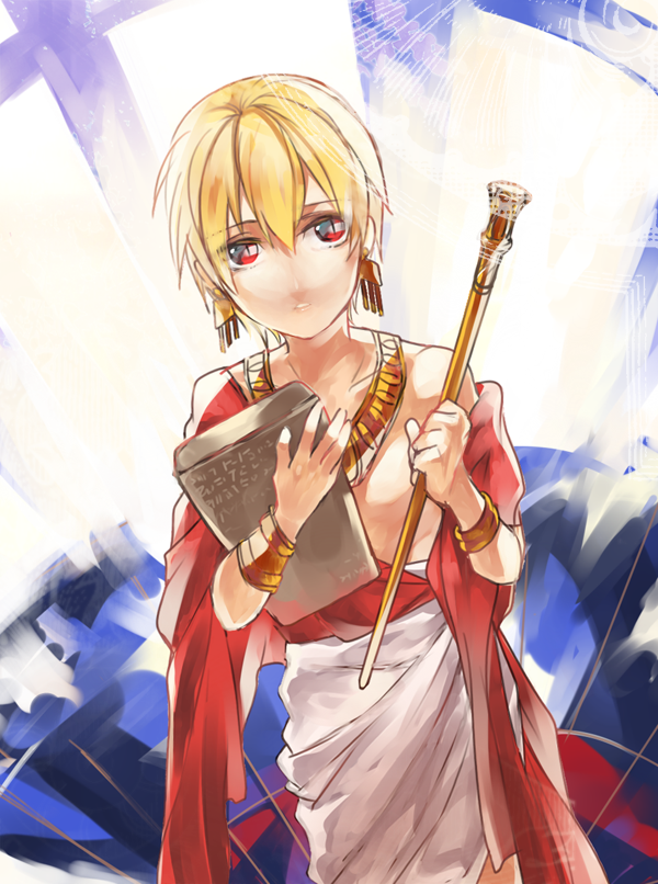 blonde_hair bracelet fate/zero fate_(series) gilgamesh jewelry male necklace red_eyes rum3307 scepter solo staff tablet toga