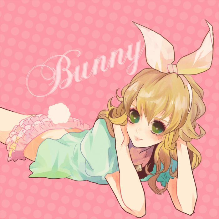 barnaby_brooks_jr blonde_hair bow bunny_tail genderswap green_eyes hair_bow jewelry microskirt necklace pink_background poco24 polka_dot polka_dot_background puffy_sleeves solo t-shirt tail tiger_&amp;_bunny