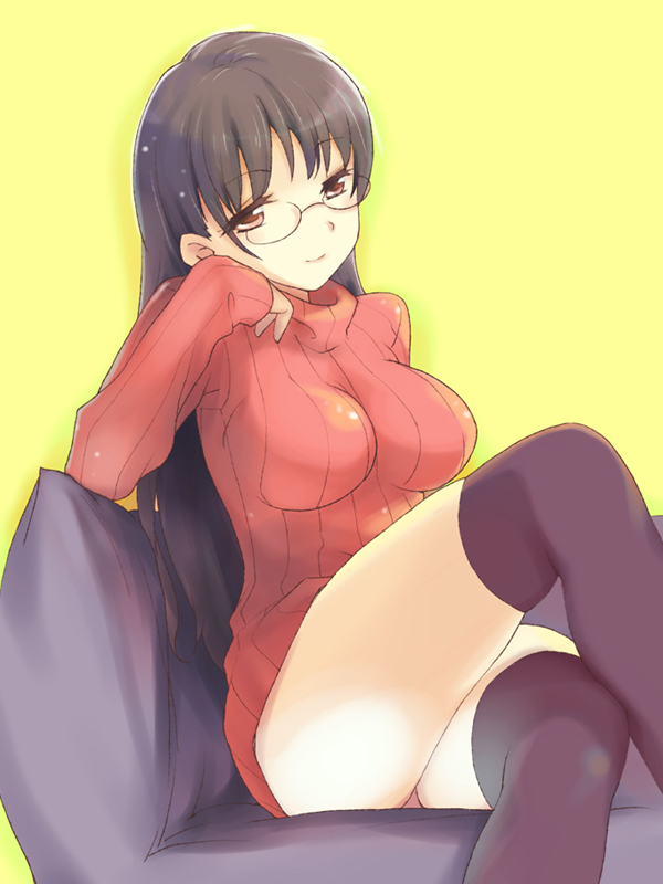 1girl black_legwear breasts brown_eyes brown_hair couch crossed_legs deyuuku glasses impossible_clothes impossible_shirt long_hair no_pants original ribbed_sweater sitting sleeves_past_wrists smile solo sweater thighhighs thighs turtleneck