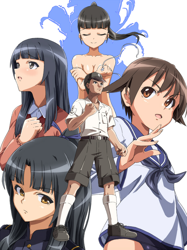 4girls bare_shoulders closed_eyes hattori_shizuka hijikata_keisuke komakedara long_hair military military_uniform miyafuji_yoshika multiple_girls neckerchief ponytail sakamoto_mio school_swimsuit short_hair strike_witches swimsuit swimsuit_under_clothes uniform yamakawa_michiko