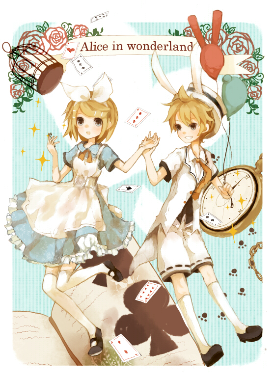 1girl :o alice_(wonderland) alice_(wonderland)_(cosplay) alice_in_wonderland animal_ears balloon birdcage blonde_hair blue_eyes book brother_and_sister bunny_ears cage card cosplay dress grin hair_ornament hairband hairclip hat holding holding_hand kagamine_len kagamine_rin mikanniro open_book playing_card siblings smile stopwatch thigh-highs thighhighs title_drop twins vocaloid watch white_rabbit white_rabbit_(cosplay)
