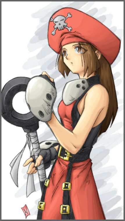 anchor bare_shoulders brown_eyes brown_hair fingerless_gloves gauntlets gloves guilty_gear halterneck hat hybridav long_hair may may_(guilty_gear) pirate_hat skull_and_crossbones solo