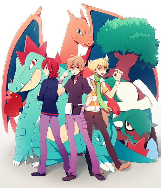 3boys charizard crossed_arms dada_(dolce) dragon feraligatr hand_in_pocket jun_(pokemon) looking_back ookido_green ookido_green_(frlg) open_mouth pokemon pokemon_(creature) pokemon_(game) pokemon_dppt pokemon_frlg pokemon_gsc pokemon_hgss pokemon_rgby red_hair scarf silver_(pokemon) silver_(pokemon)_(remake) striped tongue torterra tree wristband