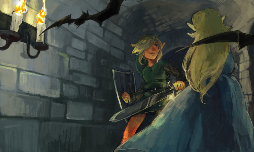 bat blonde_hair blue_dress candle dress hair_over_one_eye link long_hair nintendo penta5 pointy_ears princess_zelda shield sword the_legend_of_zelda weapon