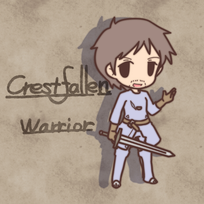 1boy :d brown_background brown_hair character_name chibi crestfallen_warrior dark_souls facial_hair fushigi_ebi gloves holding male open_mouth shadow smile solid_oval_eyes solo sword weapon