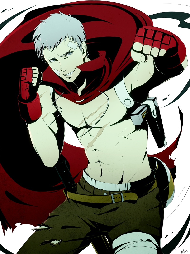 cape evoker grey_eyes grey_hair gun male moguri muscle mushisotisis persona persona_3 persona_4:_the_ultimate_in_mayonaka_arena sanada_akihiko scar shirtless simple_background smile solo weapon