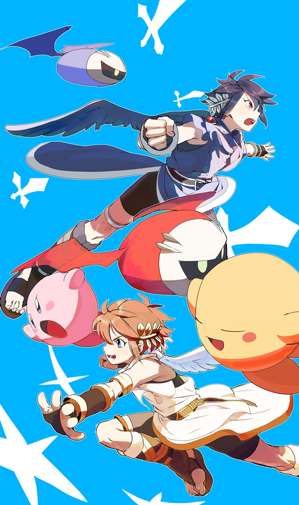 blue_eyes brown_hair chiton creator_connection dark_pit kid_icarus kid_icarus_uprising kirby kirby_(series) masahiro_sakurai meta_knight pit pit_(kid_icarus) red_eyes sandals super_smash_bros. sword uichi weapon wings