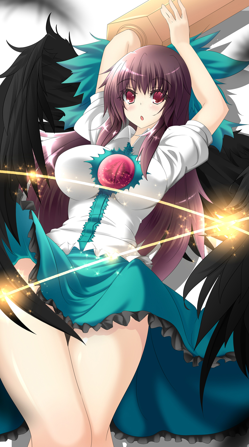 arm_up arms_up black_wings blush bow breasts cape hair_bow highres inu3 large_breasts lights long_hair open_mouth purple_eyes purple_hair reiuji_utsuho shirt skirt solo third_eye touhou upskirt violet_eyes wings