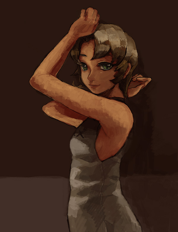 armpits arms_up brown_background brown_hair green_eyes ilia looking_at_viewer nintendo penta5 short_hair smile solo the_legend_of_zelda twilight_princess