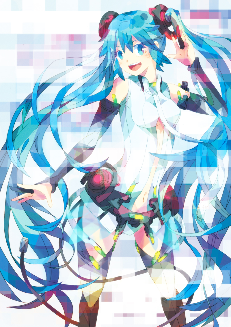 1girl blue_eyes blue_hair bridal_gauntlets hatsune_miku long_hair miku_append navel open_mouth satou0609 solo thigh-highs twintails very_long_hair vocaloid vocaloid_append