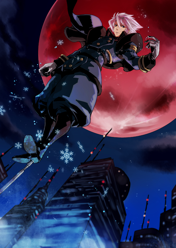 boots capelet city dutch_angle full_moon gloves itou_misei keith_evans male moon night pants psychic_force red_moon snowflakes solo white_hair