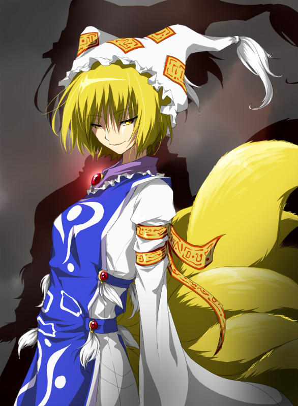 1 armband bad_id blonde_hair brooch female fox_tail fox_tails girl glowing grey_background hat japanese_clothes jewelry long_sleeves looking_at_viewer multiple_tails myutsusama ofuda shadow short_hair smirk solo standing tabard tail tassel touhou yakumo_ran yellow_eyes