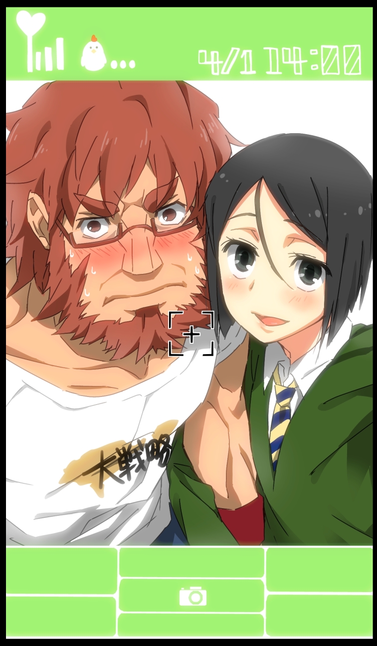 1girl beard bespectacled bird black_eyes black_hair blush bob_cut cellphone_picture chicken chikinnu facial_hair fate/zero fate_(series) genderswap gendrswap glasses hair_down highres messy_hair red_eyes red_hair redhead rider_(fate/zero) sensha_otoko short_hair t-shirt waver_velvet