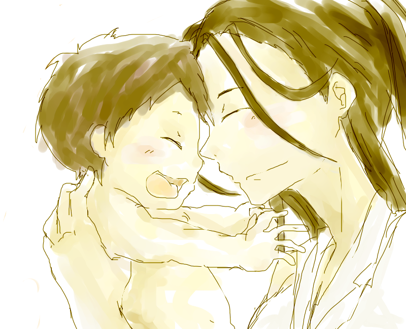 1boy 1girl age_difference baby black_hair closed_eyes eyes_closed family forehead_to_forehead fullmetal_alchemist hairlocs happy holding izumi_curtis long_hair mother_and_son open_mouth rough smile wrath
