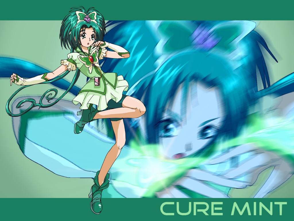 akimoto_komachi bike_shorts brooch butterfly_hair_ornament character_name cure_mint fingerless_gloves fuchi_minoru gloves green green_background green_eyes green_hair hair_ornament jewelry long_hair magical_girl precure shoes shorts_under_skirt skirt solo twintails yes!_precure_5