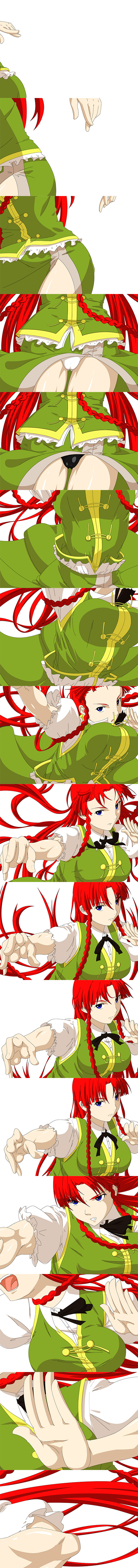 absurdres black_panties blue_eyes bouncing_breasts bowtie braid breasts china_dress chinese_clothes highres hong_meiling long_hair long_image niwatazumi no_hat no_headwear open_mouth panties red_hair redhead side_slit solo tall_image touhou twin_braids underwear vest white_panties