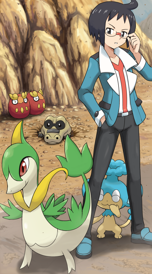 1boy adjusting_glasses black_eyes black_hair character_request cheren_(pokemon) darumaka glasses hand_in_pocket male outdoors panpour pokemoa pokemon pokemon_(creature) pokemon_(game) pokemon_bw rock sandile servine standing