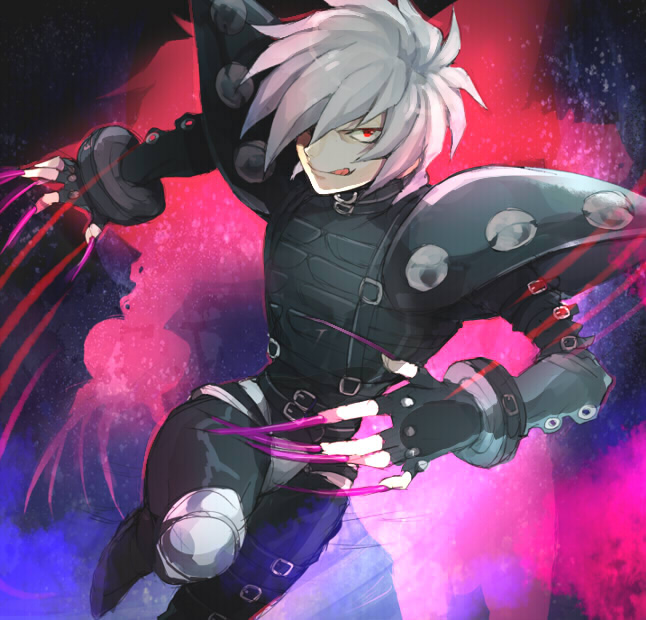 :q albino belt bodysuit brad_kirsten claws hair_over_one_eye male pauldrons pink_background psychic_force qp_db red_eyes rinnagi solo tongue white_hair