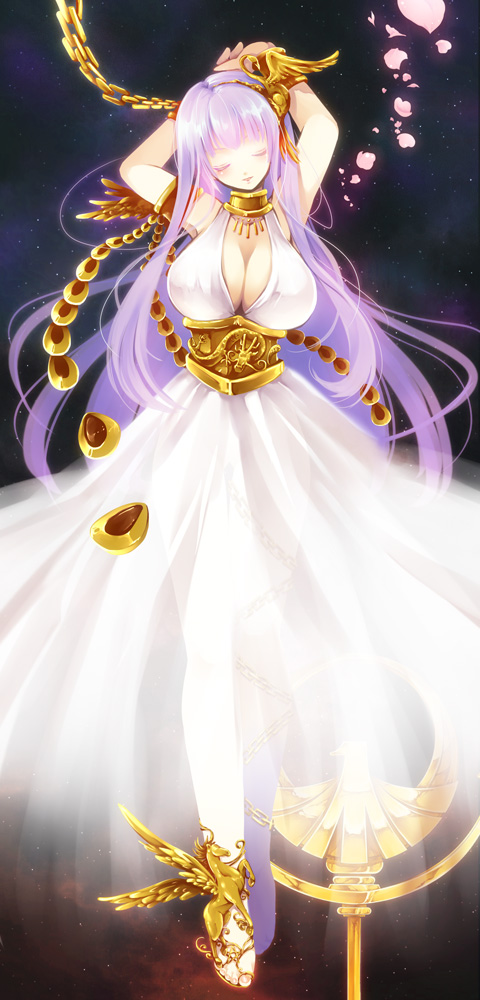 armlet athena_(saint_seiya) bird breasts chain chains choker cleavage closed_eyes dragon dress eyes_closed gold golden head_tilt kido_saori large_breasts long_hair lowres necklace ornaments pegasus petals phoenix purple_hair saint_seiya sandals scepter see-through shima_chiyo solo space very_long_hair