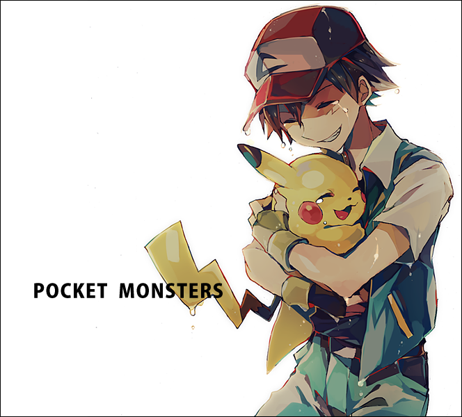 1boy belt black_hair child closed_eyes creature fingerless_gloves gloves grin hat hug jeans pikachu pokemon pokemon_(anime) pokemon_(creature) satoshi_(pokemon) satoshi_(pokemon)_(classic) short_hair smile tears title_drop wet yuuichi_(bobobo)