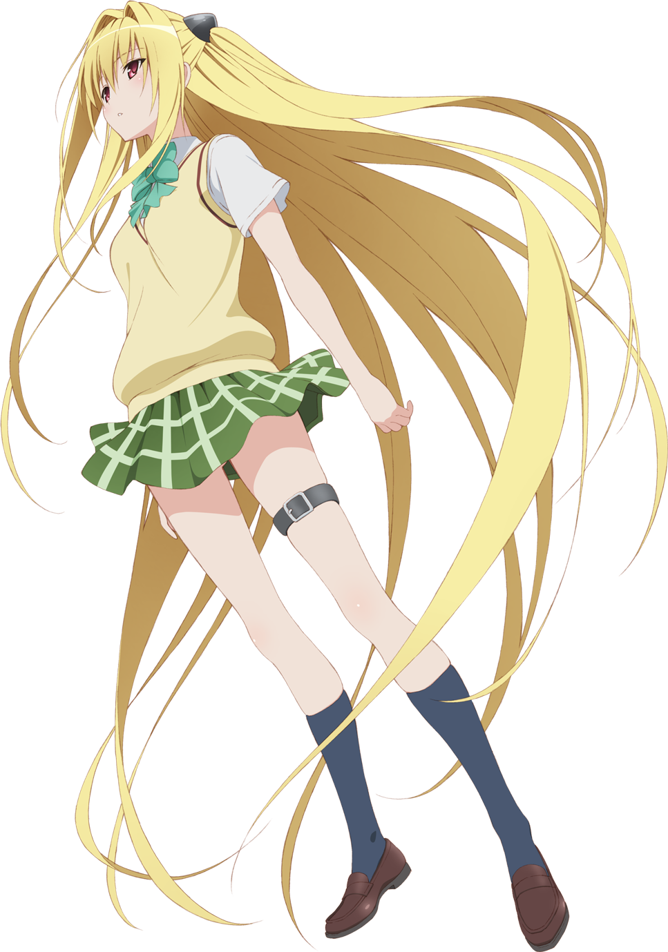 footwear golden_darkness hair_ornament highres konjiki_no_yami long_hair looking_up official_art oka_yuuichi open_mouth production_art red_eyes school_uniform socks sweater_vest thigh_strap to_love-ru to_love-ru_darkness to_love_ru transparent_background transparent_png two_side_up very_long_hair