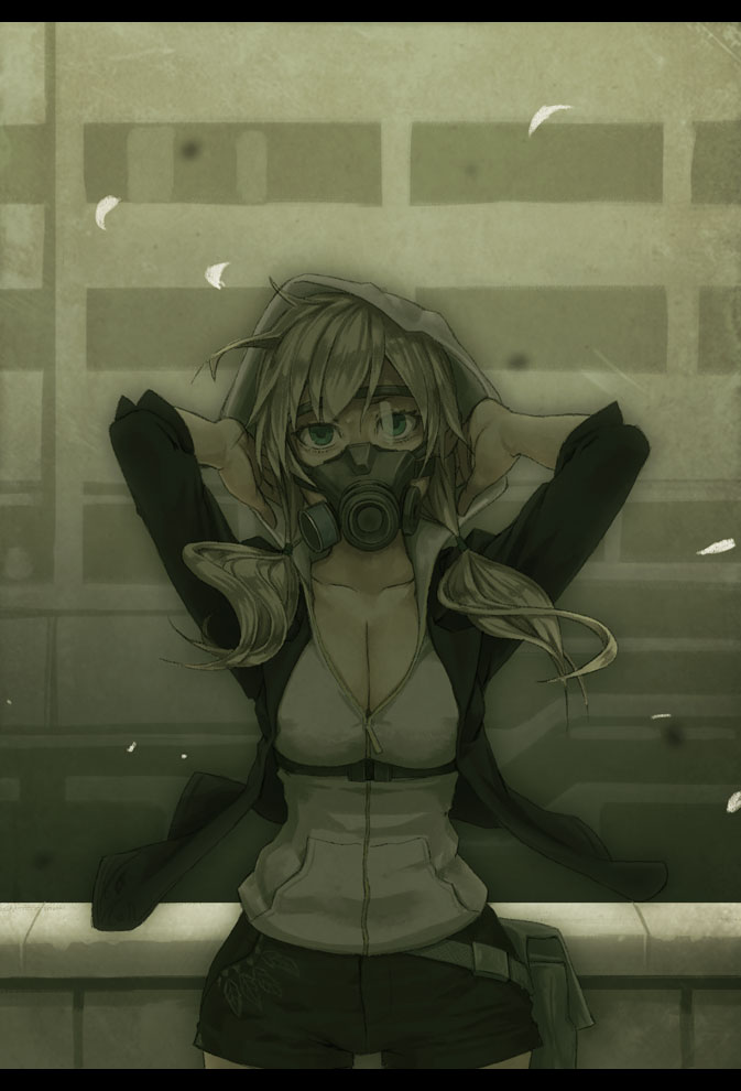 and arms_up breasts buckle cleavage feathers gas_mask green_eyes hoodie jacket letterboxed mustard_seeds original short_shorts shorts solo