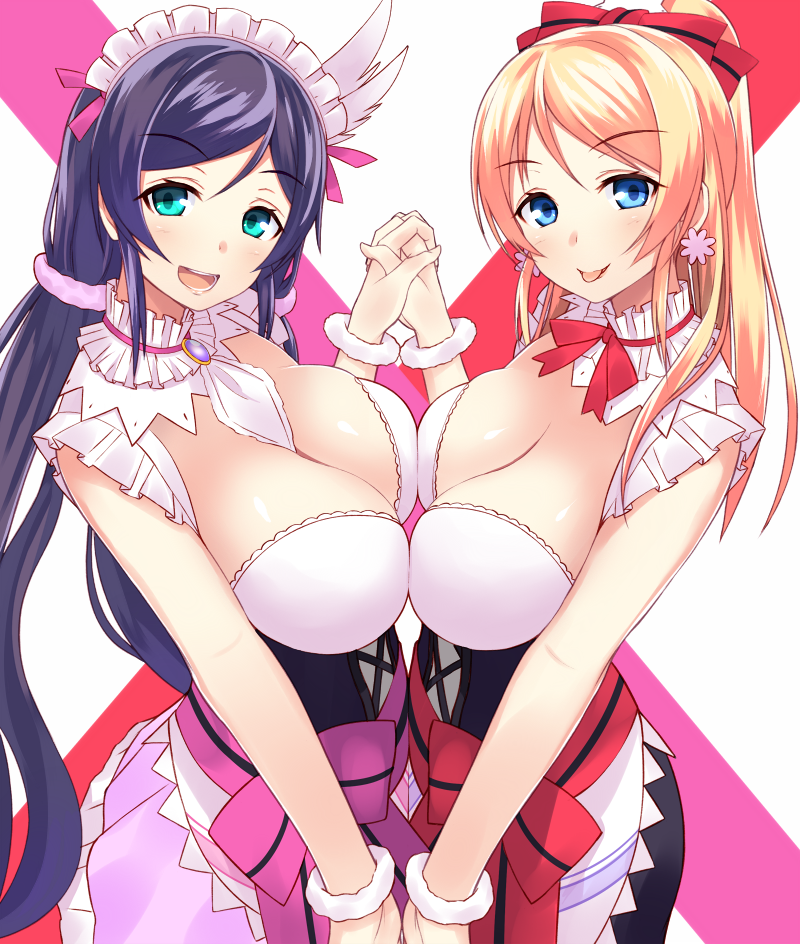 2girls :p aqua_eyes ayase_eli blonde_hair blue_eyes breast_press breasts cleavage earrings holding_hands jewelry large_breasts long_hair looking_at_viewer love_live!_school_idol_project maid_headdress mogyutto_"love"_de_sekkin_chuu! multiple_girls ponkotsu_(ayarosu) purple_hair simple_background symmetrical_docking symmetrical_hand_pose tongue tongue_out toujou_nozomi twintails very_long_hair white_background