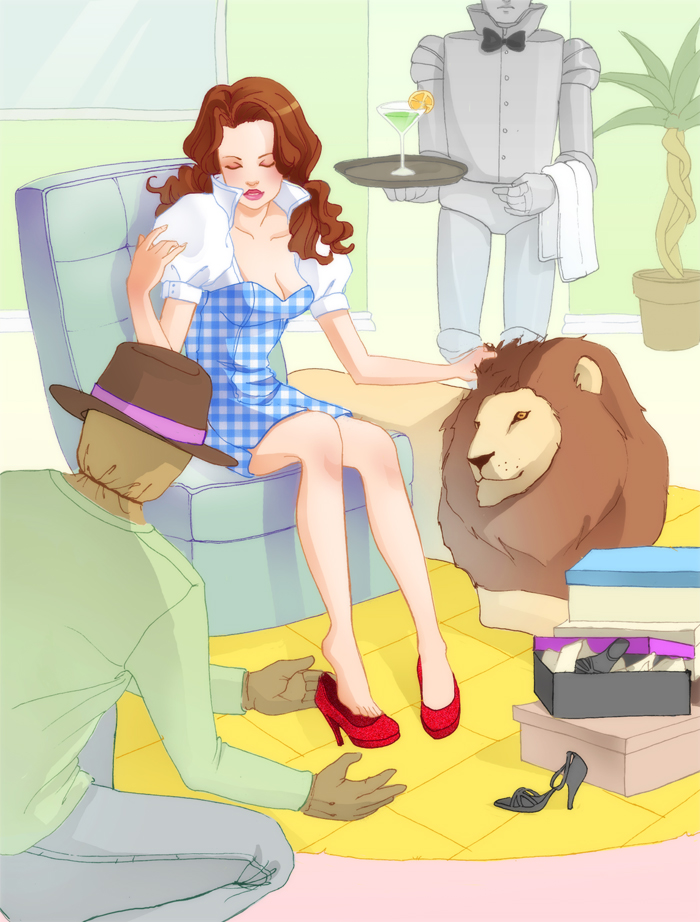 bowtie breasts brown_hair cleavage closed_eyes cowardly_lion dorothy_gale dress elise_trinh eyes_closed feet hat high_heels lion long_hair martini_glass puffy_sleeves scarecrow_(twooz) shoes single_shoe the_wizard_of_oz tin_man x-chan-