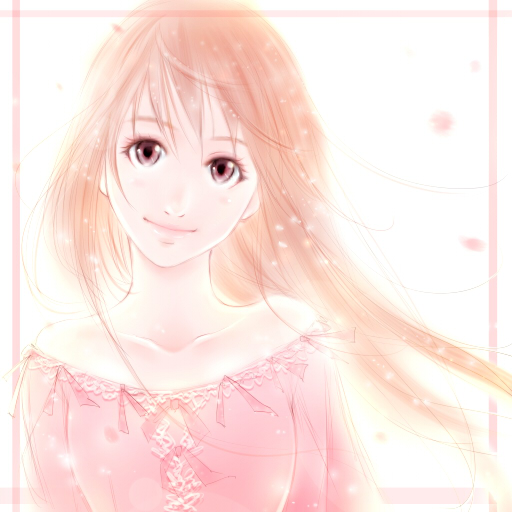 akira_(me-hikari) bare_shoulders blush body_blush border brown_hair bust collarbone eyelashes flat_chest head_tilt lace light_particles light_smile long_hair looking_at_viewer off_shoulder original pale_color petals pink_eyes ribbon solo wind