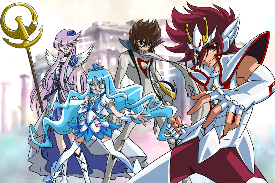 2boys 2girls armor athena blue_hair bodysuit casshern casshern_sins creator_connection crossover cure_marine cure_moonlight heartcatch_precure! kurumi_erika long_hair magical_girl mask matirine multiple_boys multiple_girls pegasus_koga pegasus_seiya precure purple_hair saint_seiya saint_seiya_omega tsukikage_yuri