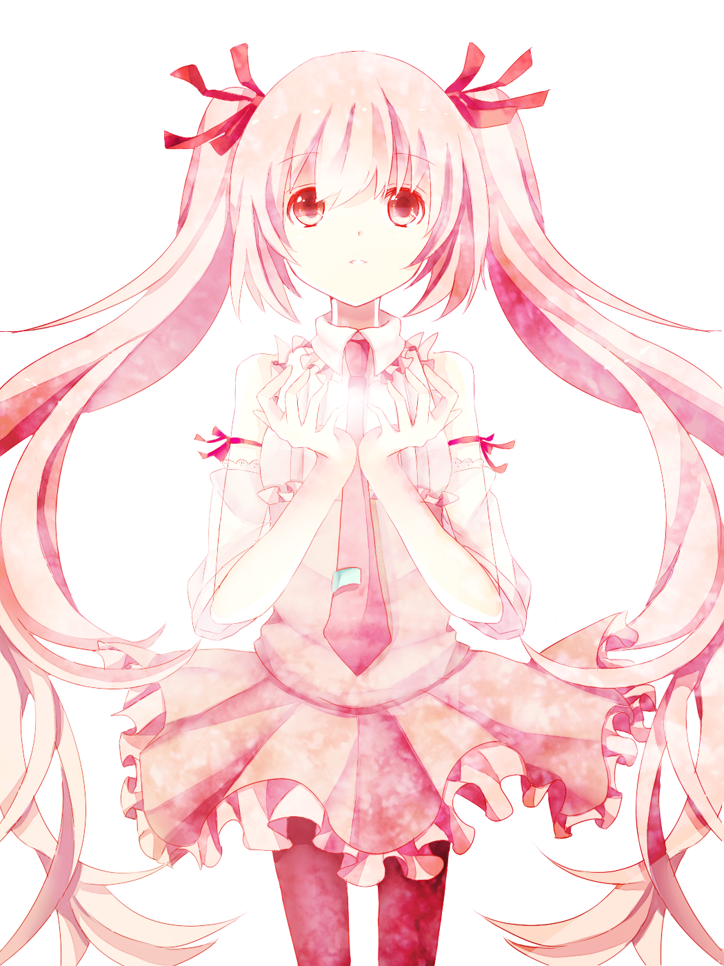abcd2345 detached_sleeves hatsune_miku highres long_hair necktie pantyhose pink_hair red_eyes sakura_miku simple_background skirt solo twintails very_long_hair vocaloid white_background