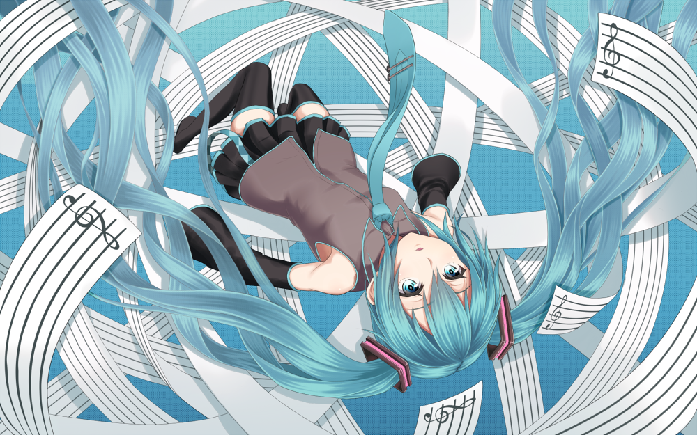 aqua_eyes aqua_hair detached_sleeves expressionless floating hatsune_miku heisei_yutorin long_hair lying necktie on_back parted_lips skirt solo thigh-highs thigh_boots thighhighs twintails very_long_hair vocaloid