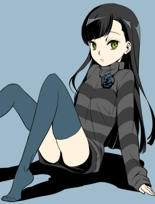 arm_support asymmetrical_bangs bangs black_hair black_legwear blue_background blue_legwear blue_rose ear eyelashes finished flower green_eyes leaning legs long_hair long_sleeves looking_at_viewer mole mytyl no_shoes pale_skin panties pantyshot pantyshot_(sitting) pantyshot_sitting rose sasa_kazamori shadow short_shorts shorts simple_background sitting sleeves_past_wrists solo striped striped_sweater sweater thigh-highs thighhighs thighs tiptoes turtleneck un-go underwear