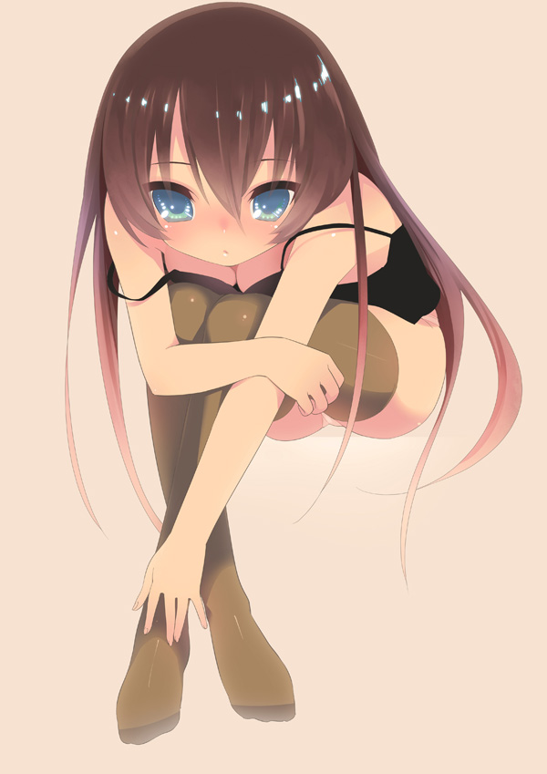 bent_over black_legwear blue_eyes blush breasts brown_hair cleavage down_blouse long_hair looking_at_viewer no_pants no_shoes original panties pantyshot pink_background simple_background solo strap_slip thigh-highs thighhighs underwear zpolice