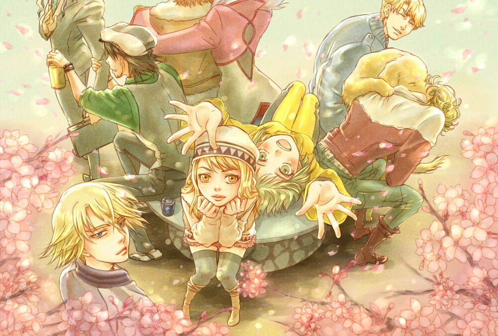 6+boys antonio_lopez barnaby_brooks_jr beanie blonde_hair bruce_lee's_jumpsuit bruce_lee's_jumpsuit cherry_blossoms dog flower from_above green_eyes hat huang_baoling ivan_karelin john_(tiger_&amp;_bunny) kaburagi_t_kotetsu karina_lyle keith_goodman letterman_jacket multiple_boys multiple_girls nathan_seymour outstretched_arms perspective petals purple_eyes spring spring_(season) tiger_&amp;_bunny tree unbrfjsn violet_eyes yuri_petrov