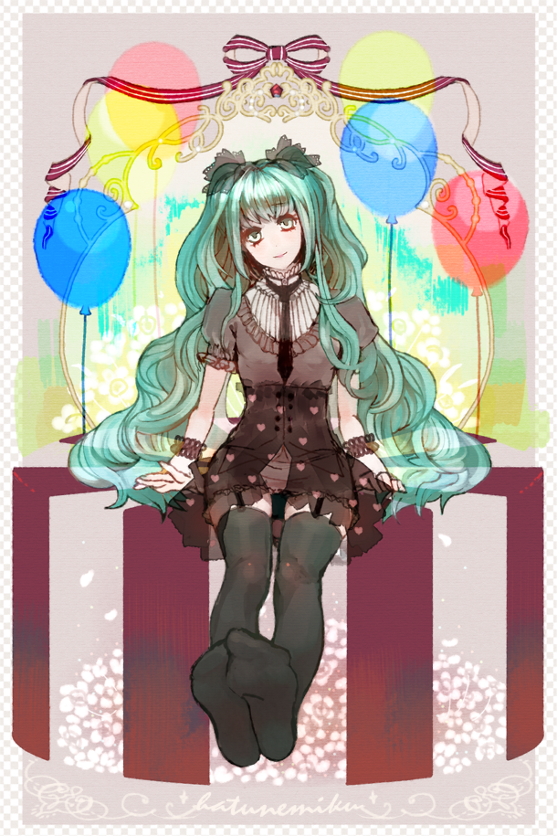 aqua_eyes aqua_hair balloon dress frills garter_straps hatsune_miku long_hair lunaticjoker necktie polka_dot polka_dot_dress sitting solo thigh-highs thighhighs towaxa_(lunaticjoker) twintails very_long_hair vocaloid