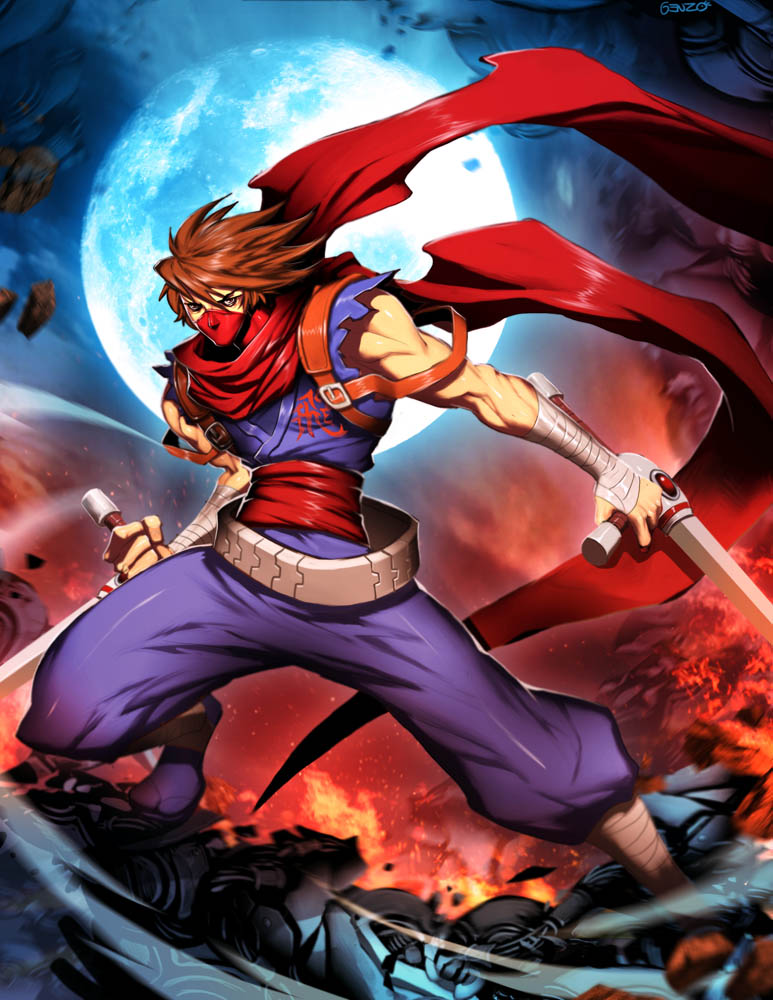 armband battle brown_hair capcom damaged genzoman marvel_vs._capcom moon muscle night ninja oldschool plasma_sword robot scarf science_fiction spiked_hair spiky_hair strider strider_(video_game) strider_hiryu strider_hiryuu sword tonfa weapon