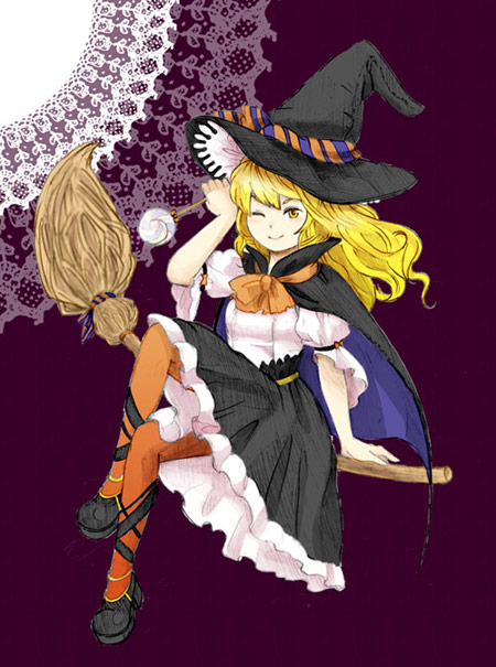 1girl alternate_costume ankle_lace-up blonde_hair broom broom_riding candy cape cross-laced_footwear doily hat hat_ribbon kirisame_marisa lollipop long_hair lowres ma-hain-scarlet orange_legwear pantyhose ribbon skirt smile solo touhou wink witch_hat yellow_eyes