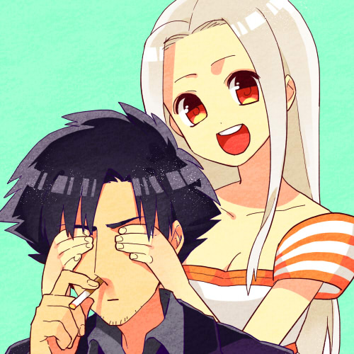 1boy 1girl :d black_hair cigarette covering_eyes dress emiya_kiritsugu facial_hair fate/zero fate_(series) gum_(gmng) hands_covering_eyes hands_on_another's_face husband_and_wife irisviel_von_einzbern long_hair lowres open_mouth red_eyes smile stubble white_hair