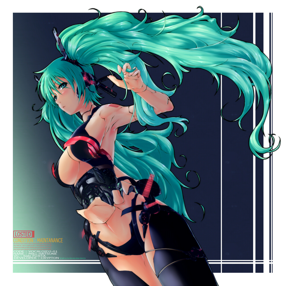android aqua_eyes aqua_hair breasts cleavage error hatsune_miku hctk long_hair parts_exposed robot_joints solo twintails very_long_hair vocaloid