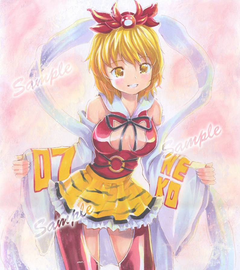 adapted_costume bare_shoulders blonde_hair breasts cleavage cleavage_cutout hair_ornament large_breasts mayo_riyo race_queen racequeen red_legwear sample shawl short_hair skirt solo thigh-highs thighhighs toramaru_shou touhou traditional_media wide_sleeves yellow_eyes